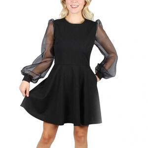 Crystal Doll Black Long Illusion-Sleeve Dress